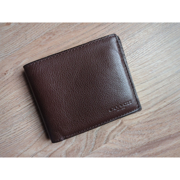 Coach Bi-Fold Pebbled Leather Mens Wallet Dark Saddle Brown - Picture 2 of 10